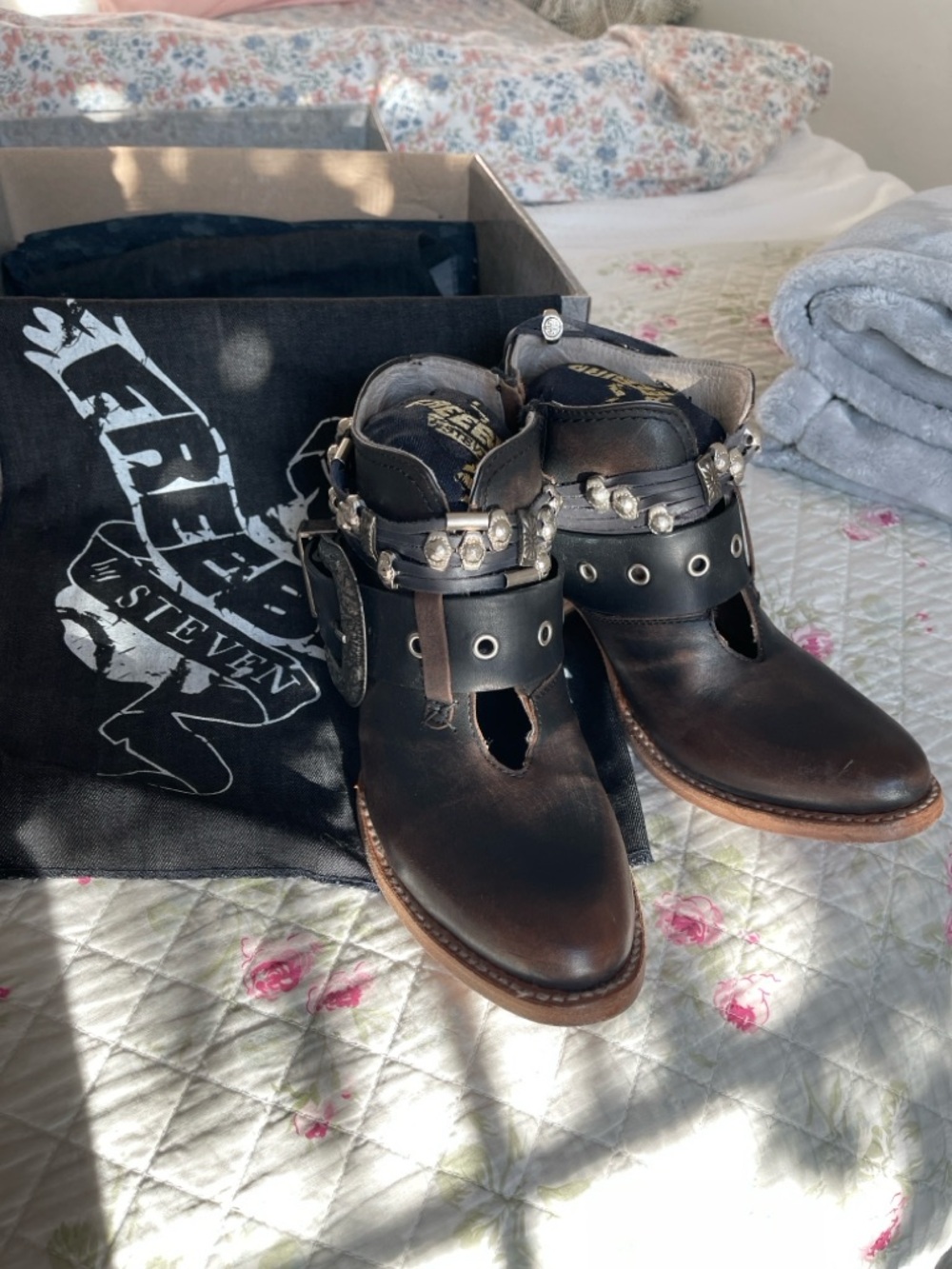freebird Saloon Dark Brown Leather Studded Cutout Ankle Booties
